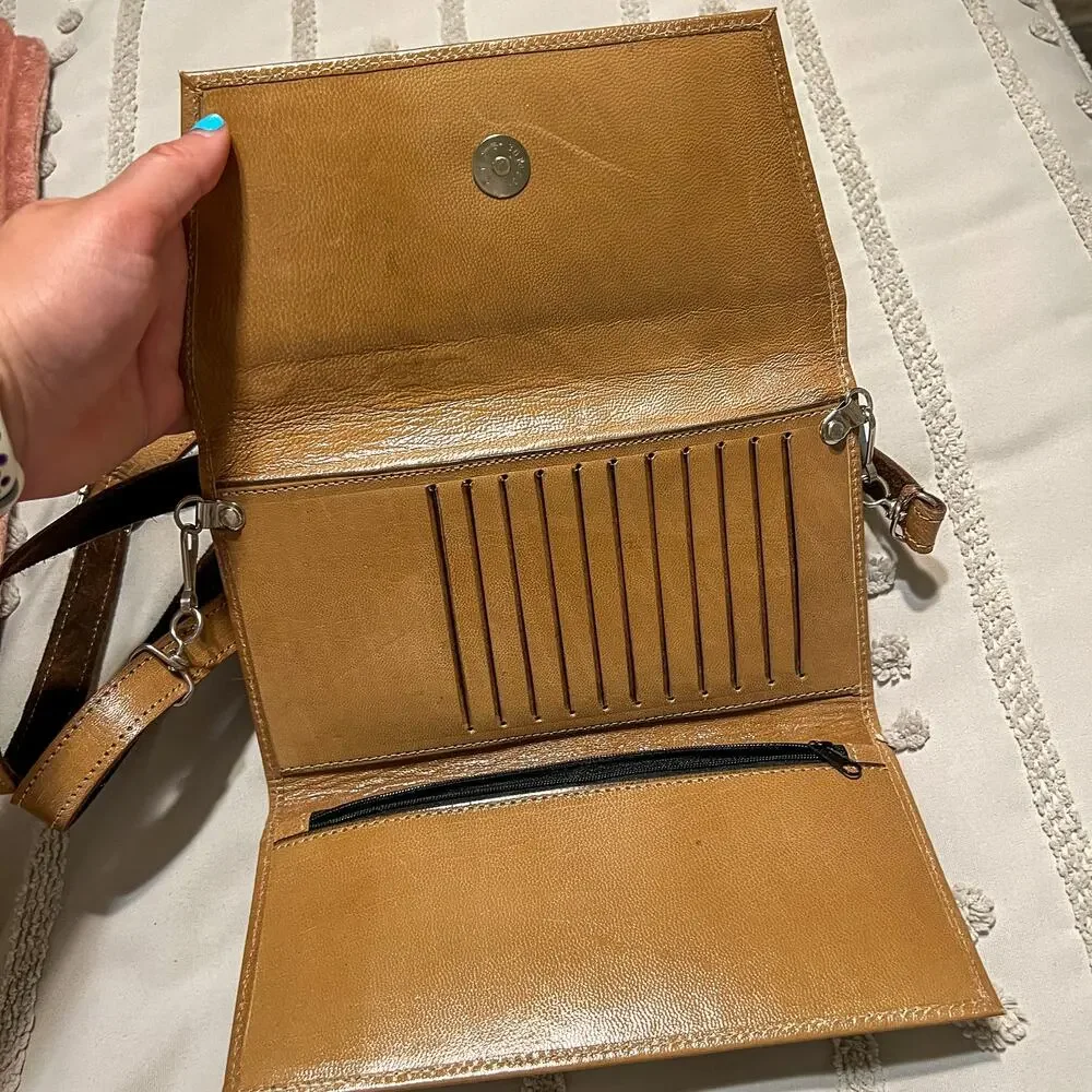 Women's Western Tooled Floral Leather Crossbody Wallet Purse